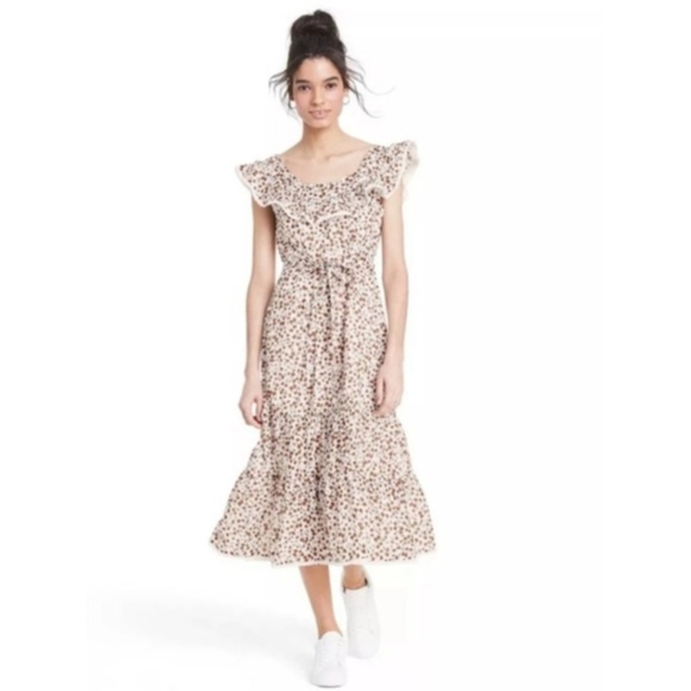 RIXO Floral Midi Dress Womens 2X Brown Cotton‎ Ruffle Cottagecore